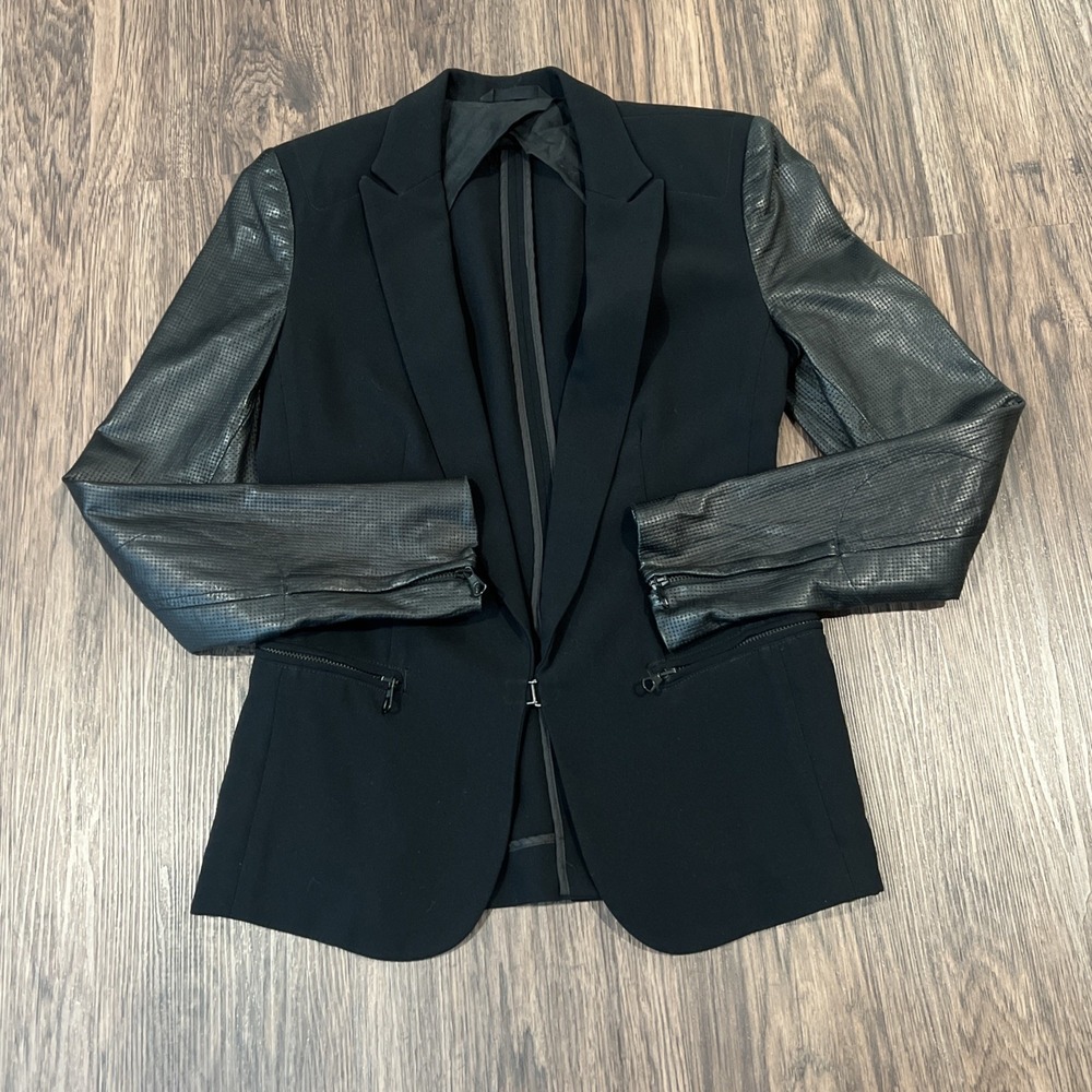 Rag & Bone Blazer Jacket Womens Black Lambskin Leather Sleeves Shawl Collar Sz 2 - Picture 2 of 10
